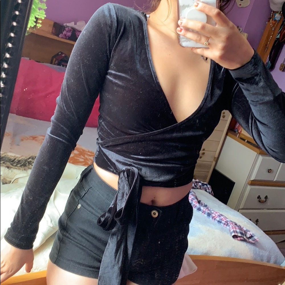 Black velvet wrap crop top